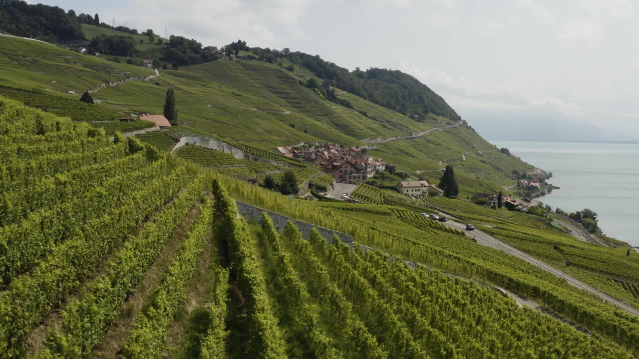 Aerial flying towards little Winetown at Lavaux, Switzerland