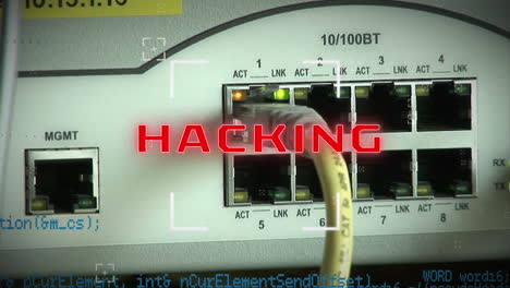 hacking texto contra el cable de internet conectado en el servidor