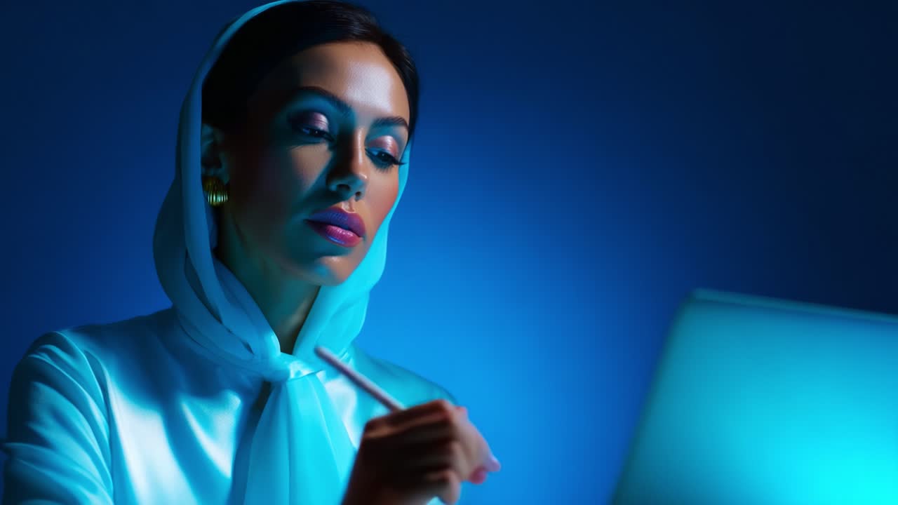 Captivating Portrait of a Woman Dressed Elegantly in a Silky Attire with a Headscarf, Gazing Thoughtfully at a Laptop, Illuminated by a Mesmerizing Blue Light, Embodying Modern Grace and Inspiration
