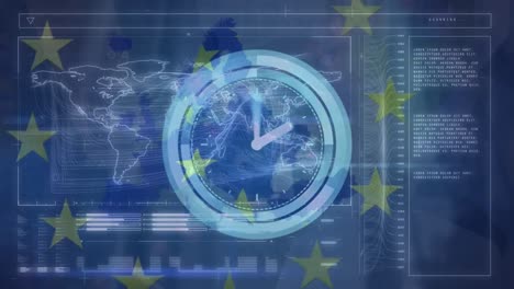 Animación-De-Diversos-Datos,-Reloj-Y-Bandera-De-La-Unión-Europea-Sobre-Una-Mujer-Caucásica-Con-Auriculares-Vr