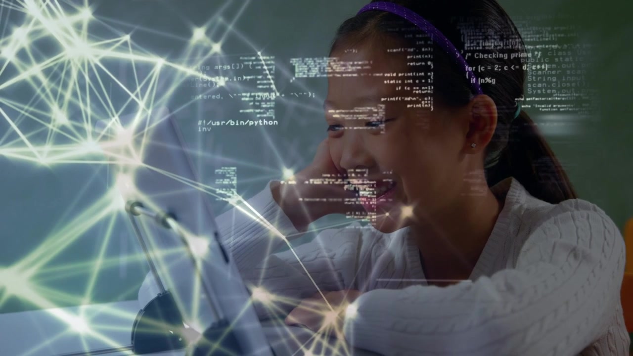 Female student tapping tablet screen and activating glowing node networks while learning code