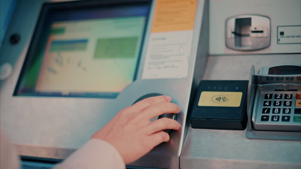 Close up of a woman buying train tickets from the ticket machine