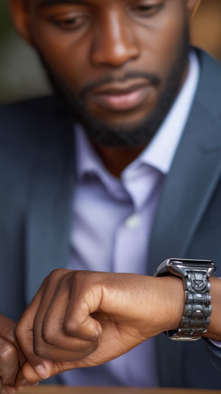 A well-dressed man glances at his stylish watch while deep in thought, showcasing elegance and attention to detail in a modern setting filled with sophistication