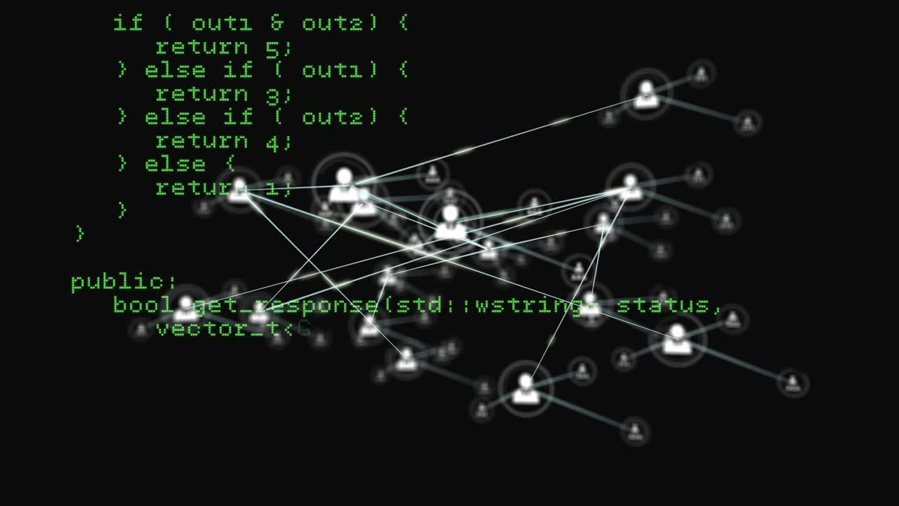 Animation of profile icons connected with lines over computer language against black background