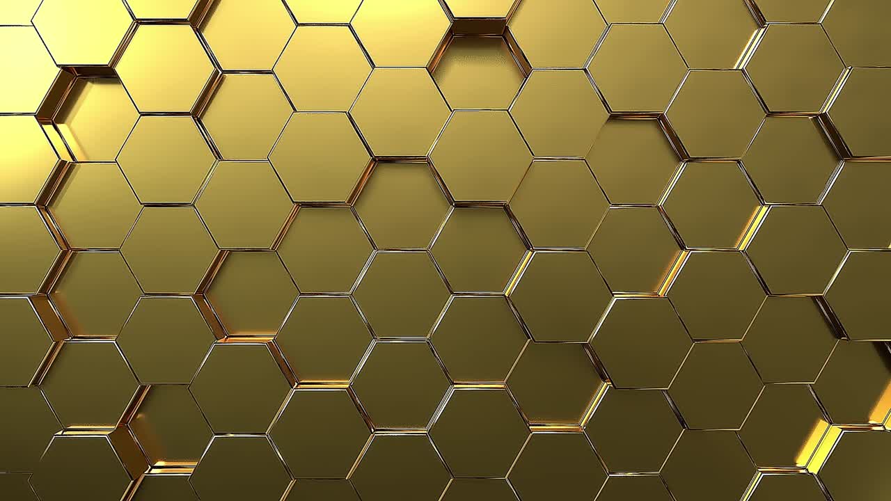 fondo de movimiento de panal de hexágono dorado. arte abstracto de oro y concepto geométrico. video de imágenes gráficas de movimiento 4k. bucle sin costuras
