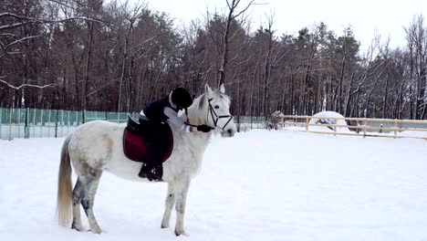 girl rides on horse in the paddock. jockey girl trains the the horse right movements. quiet winter cloudy day. a little snow falls.