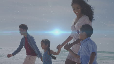 animation of light trails over biracial family walking at beach