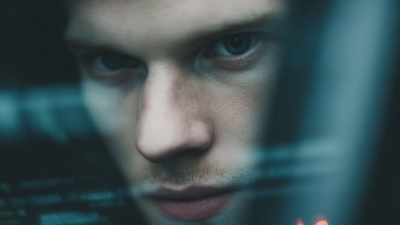 Intense Focus and Concentration: An Individual Engaged with Technology, Highlighting Digital Interfaces and Data Interaction Under Unique Lighting Conditions