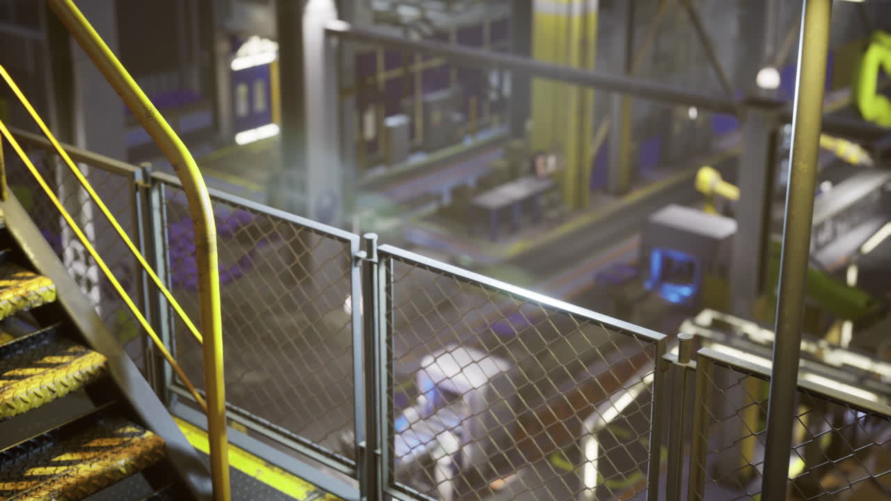 Brightly lit industrial workspace features modern machinery and vibrant colors