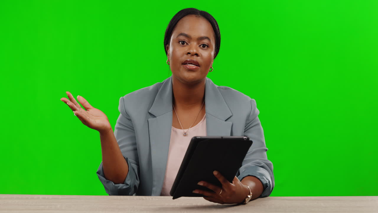 Femme noire, gestes ou conversation avec tablette et écran vert
