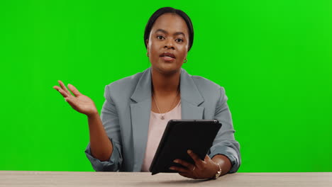 Black-woman,-hands-or-talking-with-tablet-green