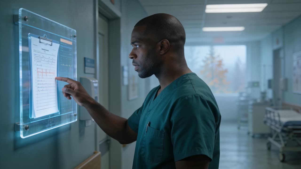 Clinician pointing at clear screen, tapping and selecting chart for patient review, turning to hall