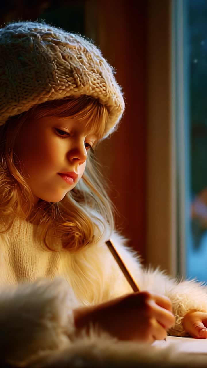 A cozy winter evening captures a thoughtful young girl in a knitted hat and fluffy sweater, intently writing by a softly lit window, creating an atmosphere of warmth and creativity