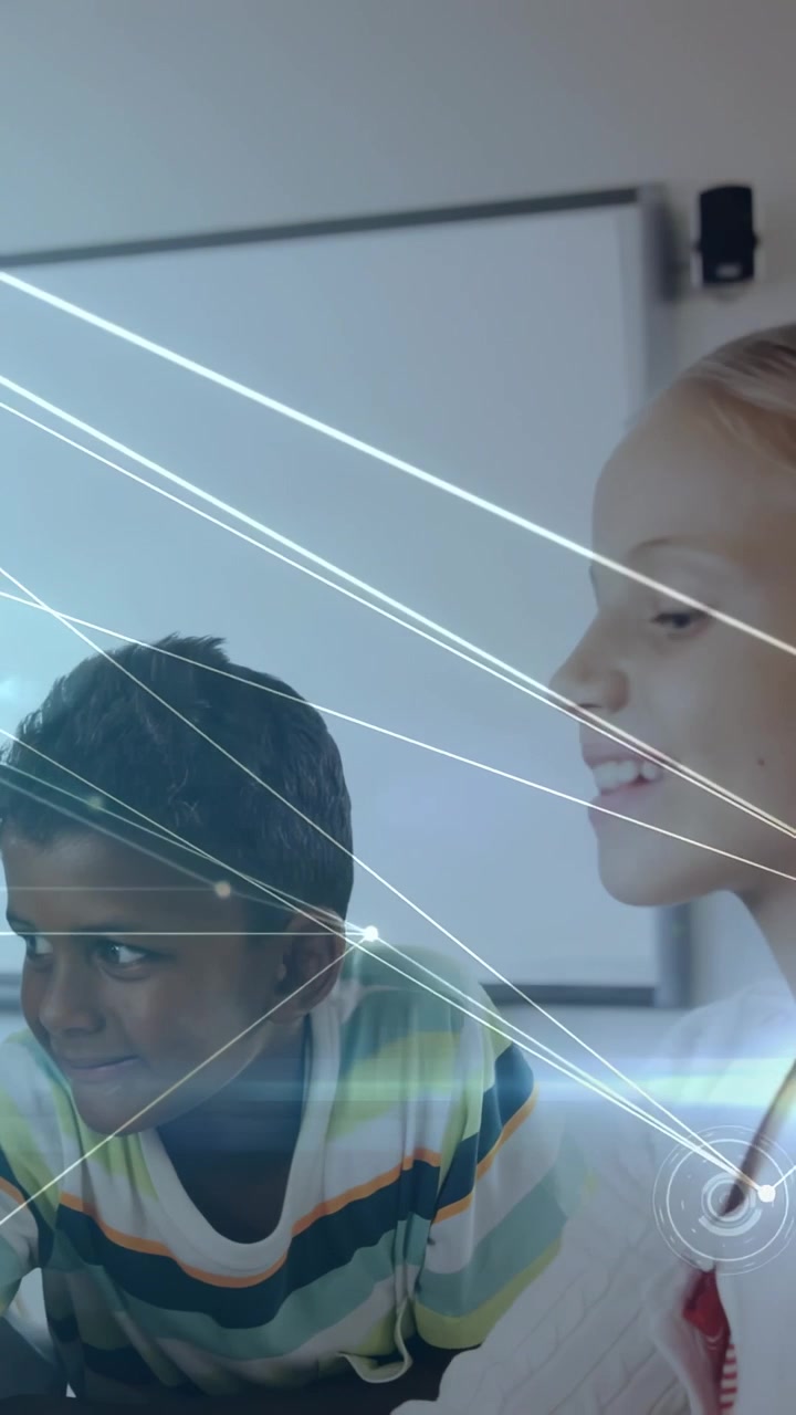 Girl reaching and boy leaning at desk animated lines sweeping across classroom for learning
