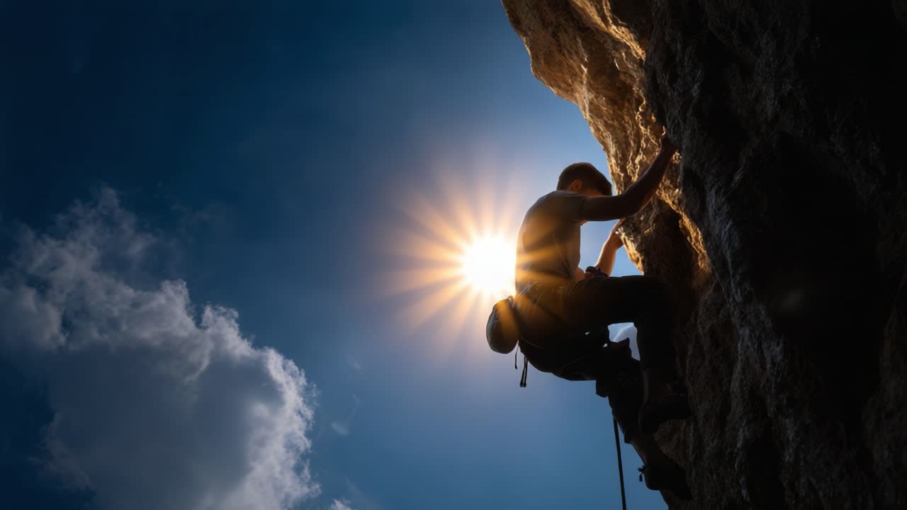 A Passionate Climber Scaling a Rock Face Under Dramatic Sunset Lighting, Capturing the Spirit of Adventure and Perseverance in the Great Outdoors