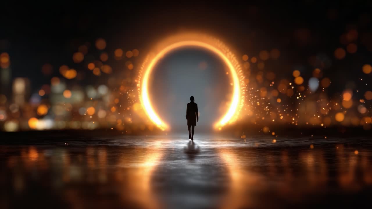 A figure stands alone before a glowing portal surrounded by shimmering lights, evoking a sense of mystery and exploration in a captivating urban landscape
