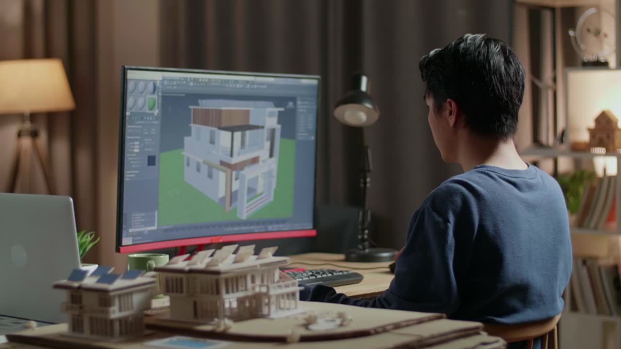 joven arquitecto trabajando en el diseño de la casa por la noche