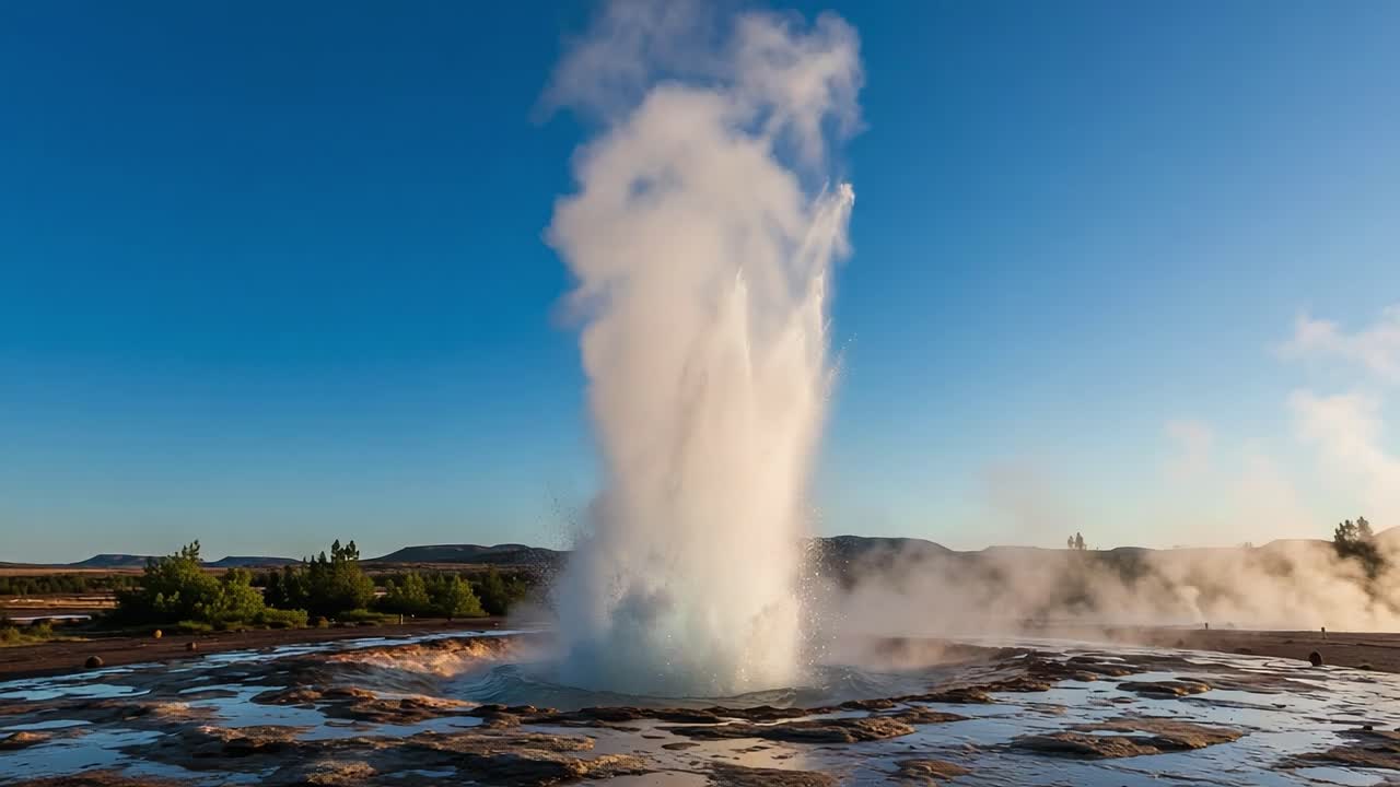 Majestic Geyser Eruption Showcasing Nature's Power in a Vibrant Landscape Beneath a Clear Blue Sky