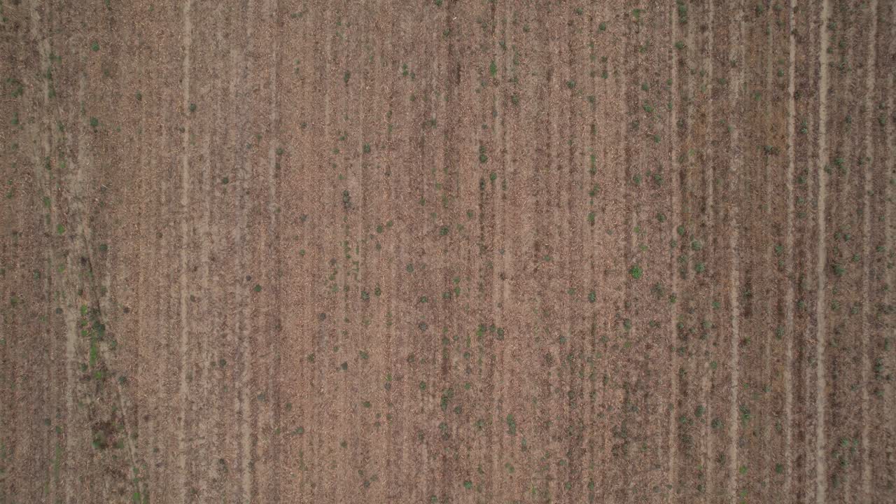 Slow aerial reveal identifies the dark, saturated furrows of a plowed field in the Po Valley, where a week of heavy rain has transformed the silty clay substrate into a waterlogged mosaic PC Italy