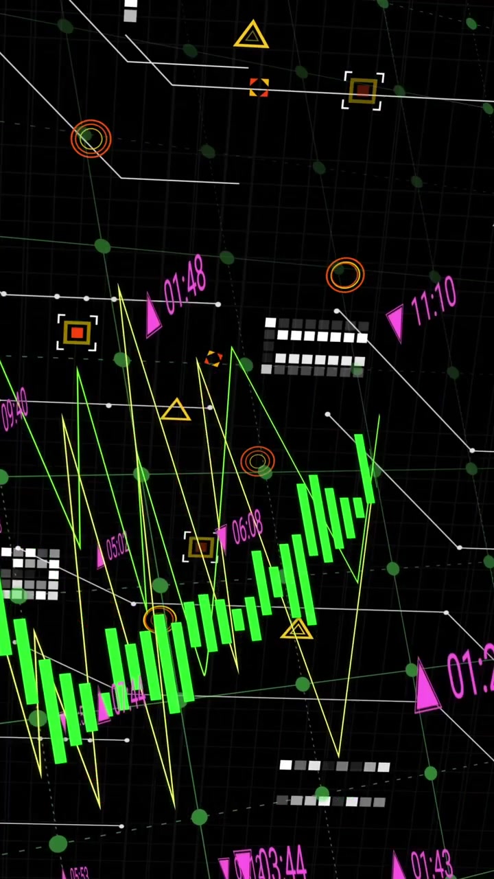 Animação de vários gráficos com números variando sobre um padrão de placa de circuito em um fundo preto.