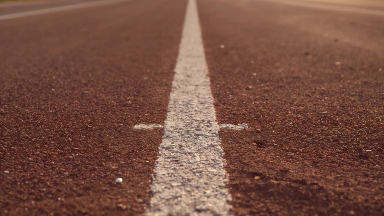 Inizio ripresa con camera ad angolazione bassa che rivela la linea centrale bianca verso l'orizzonte su una strada rossa con ciottoli