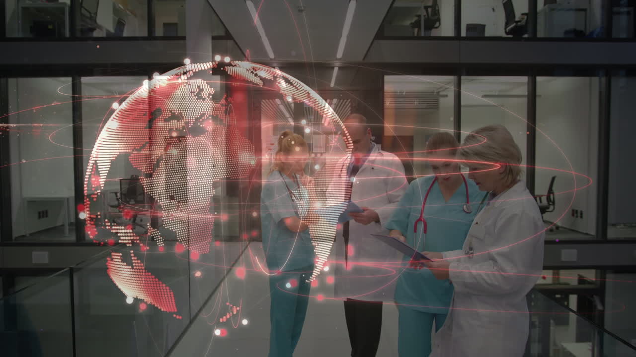 연결의 애니메이션과 카우카시안 여성과 남성 의사들이 이야기하는 세계