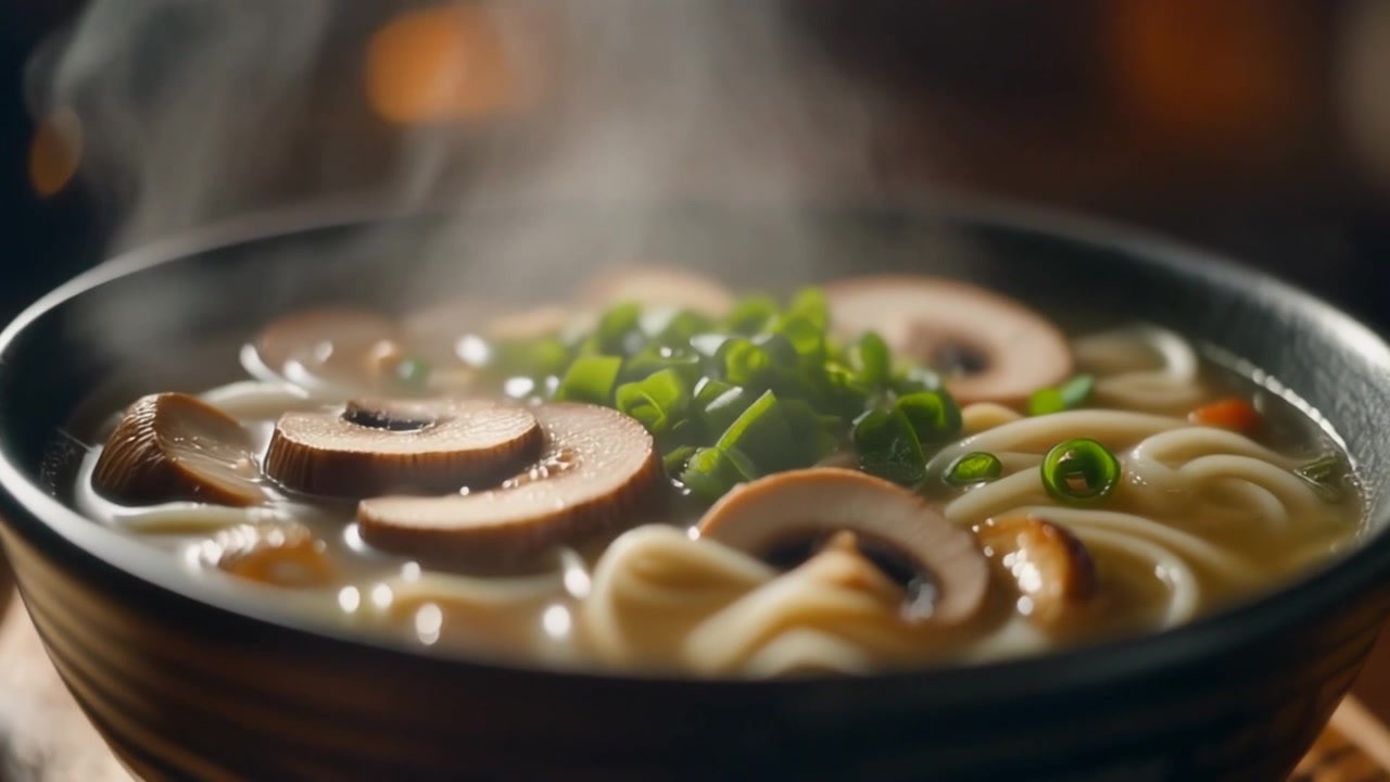 Ciotola fumante di zuppa ramen fresca ai funghi