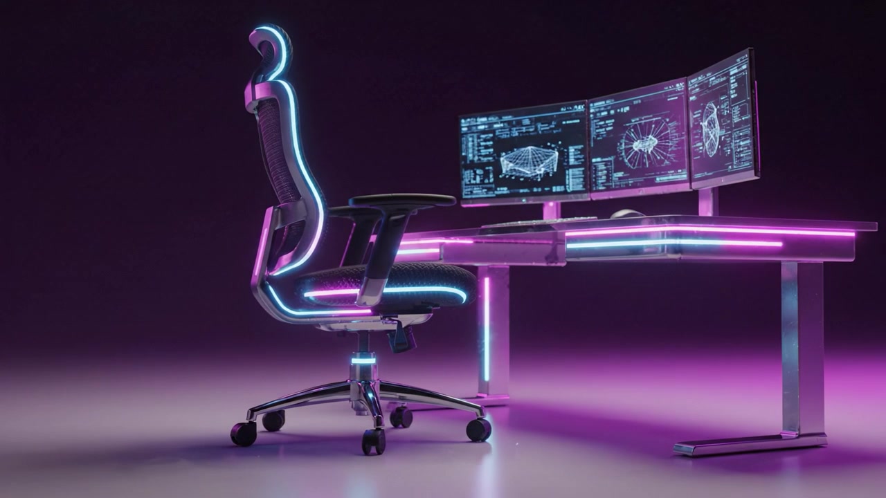 Postazione gaming futuristica con sedia high-tech e display a triplo monitor con illuminazione al neon, perfetta per esperienze di gioco e ambienti di lavoro immersivi
