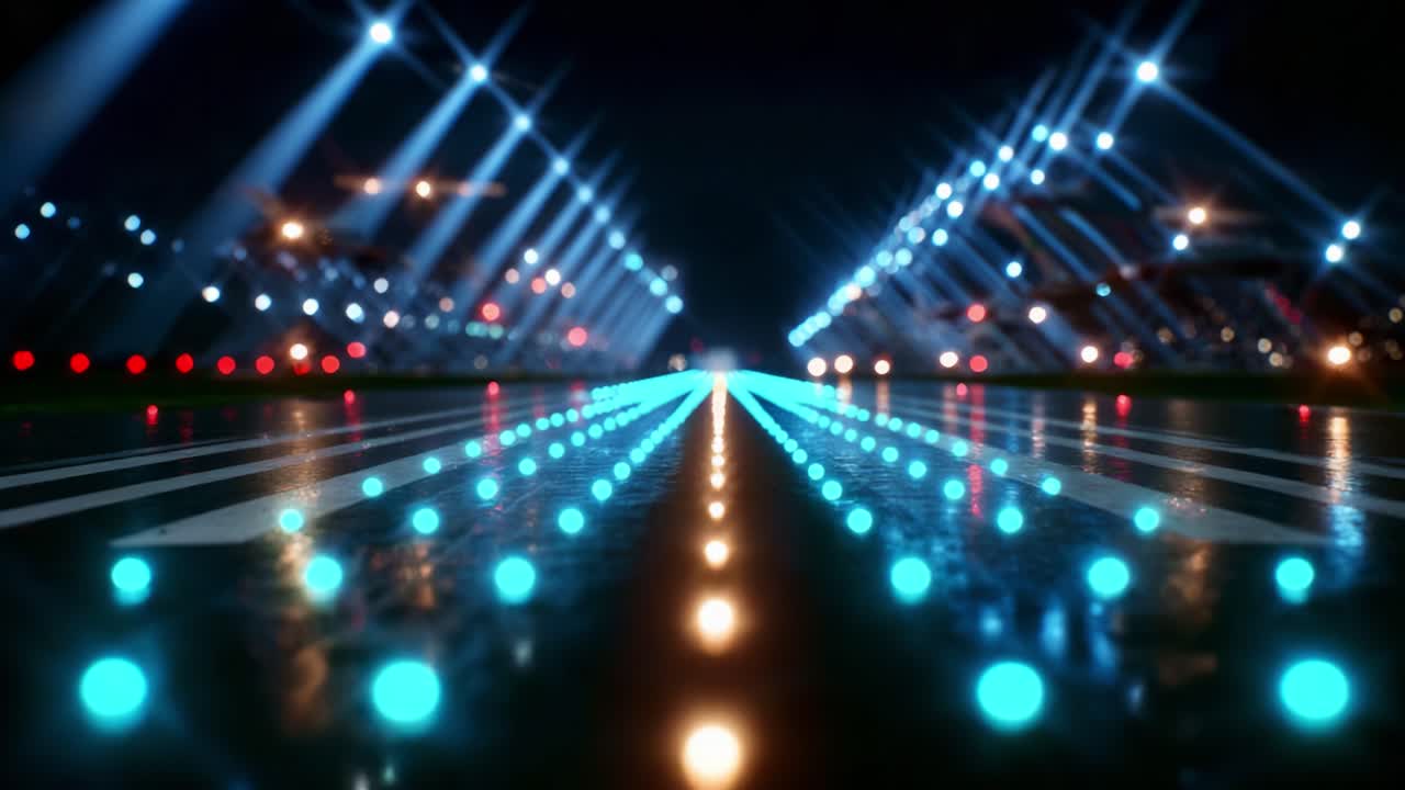 A mesmerizing view of illuminated runway lights shimmering under the night sky, showcasing an elegant display of blue and white light beams converging towards the horizon, setting a captivating atmosphere