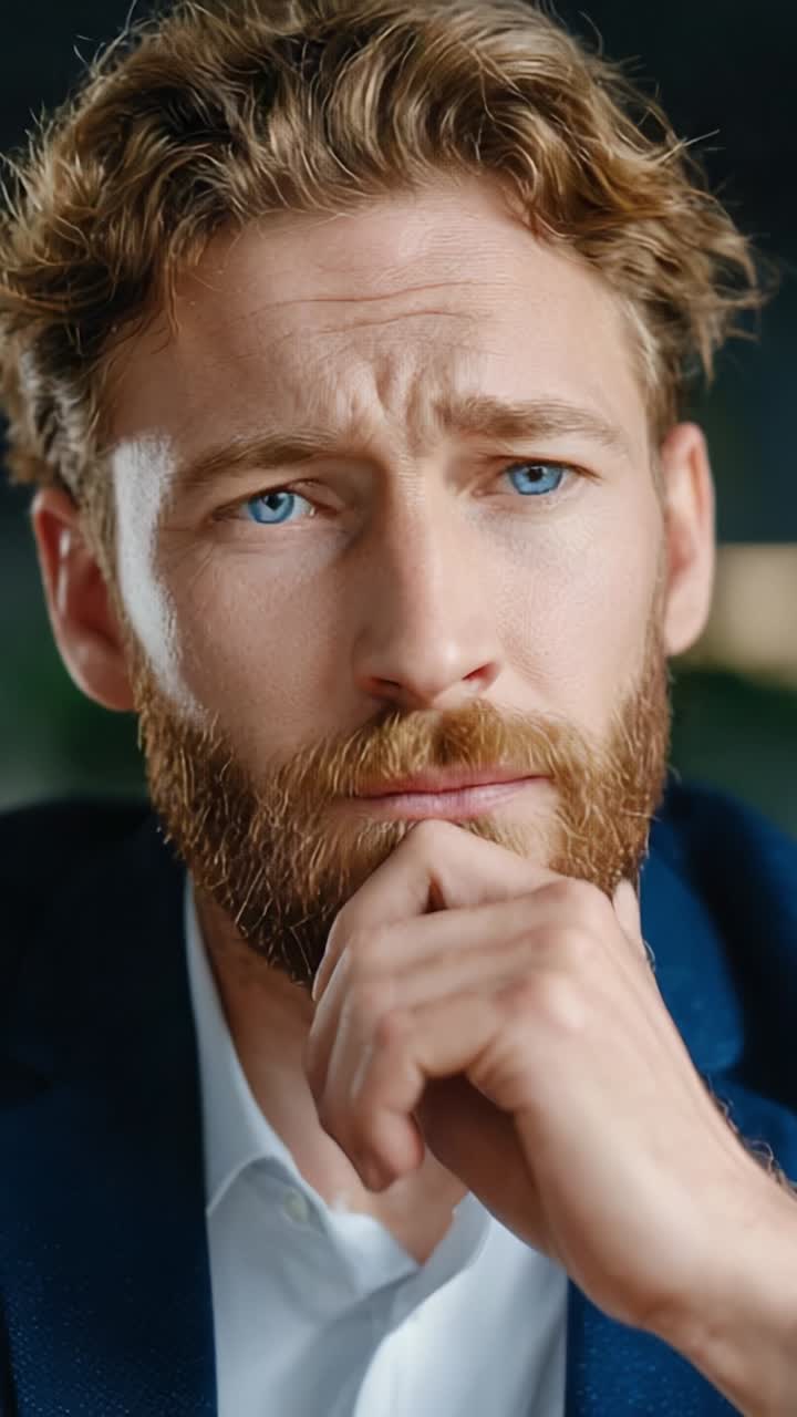 A Thoughtful Man Reflects on Life Decisions: A Close-Up of a Pensive Individual with Striking Blue Eyes and a Full Beard, Pondering in a Contemporary Setting