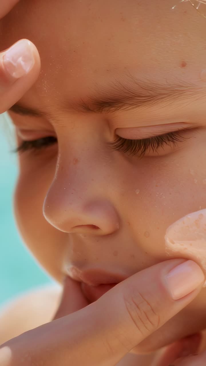 Vertical video: Reaching adult hand applying sunscreen, protecting child's face, bare back at beach