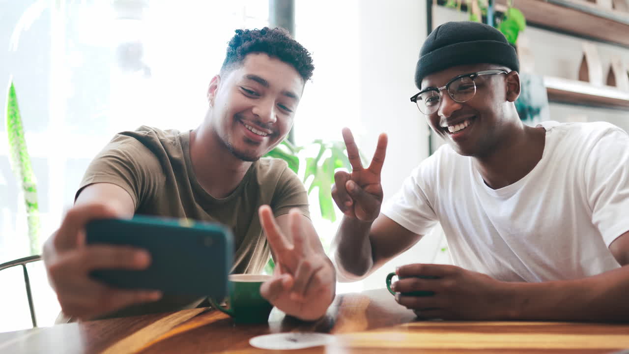 two young men taking a selfie while having coffee