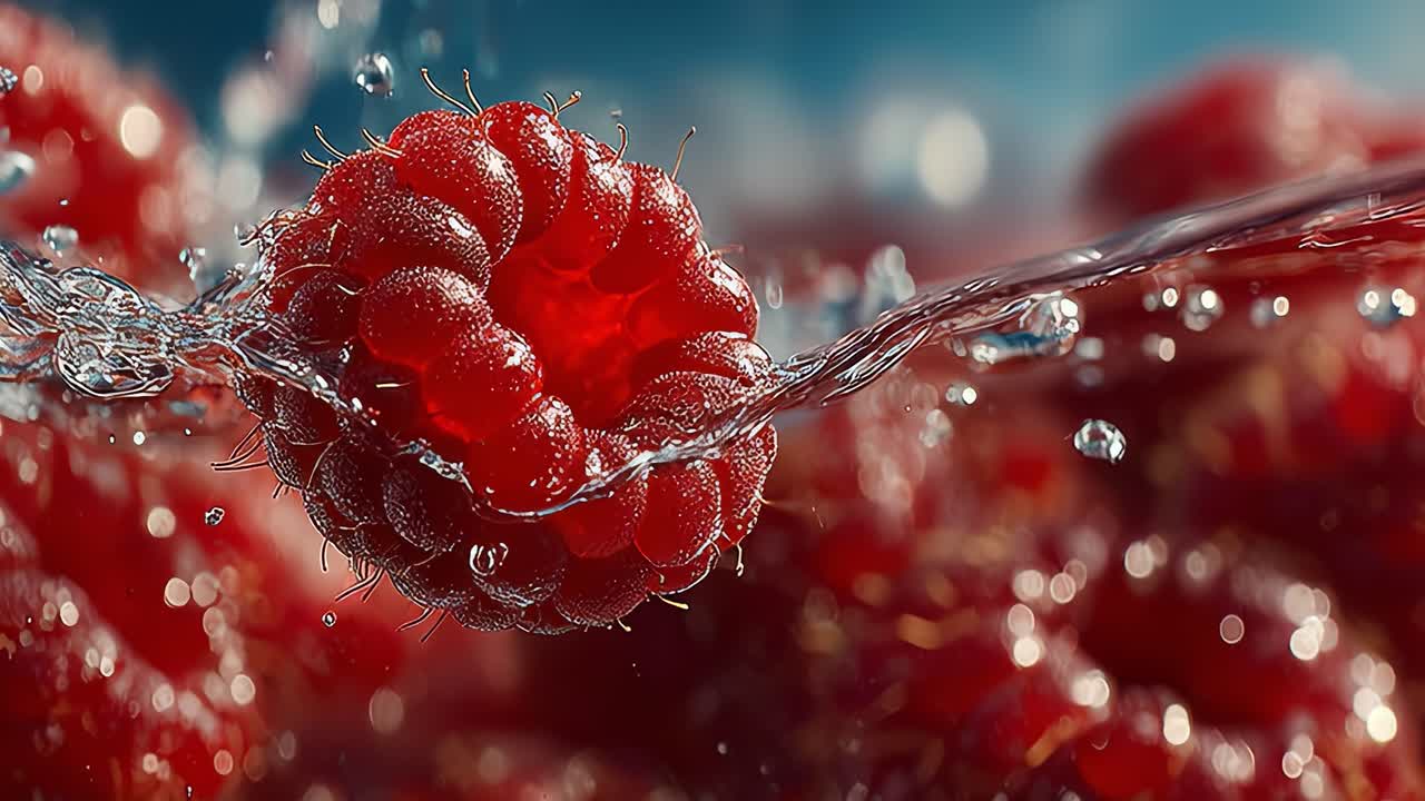 Fresh raspberry submerging in water with bubbles, a refreshing visual