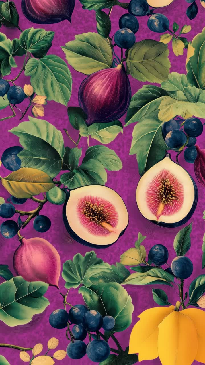 Vibrant overhead view of figs and leaves on a purple background, perfect for a colorful