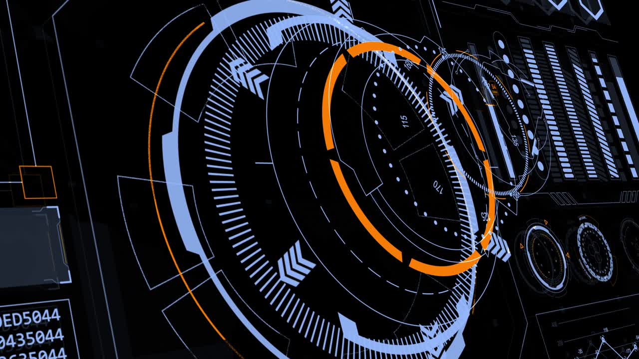 Motion graphic of head up display ( HUD UI ) technology interface screen with futuristic 3D elements graph and chat panel