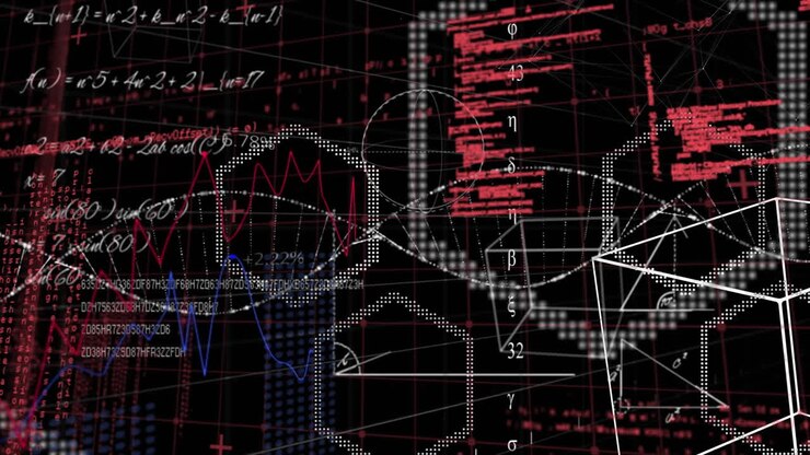 Animation of mathematical equations and diagrams against data processing on black background