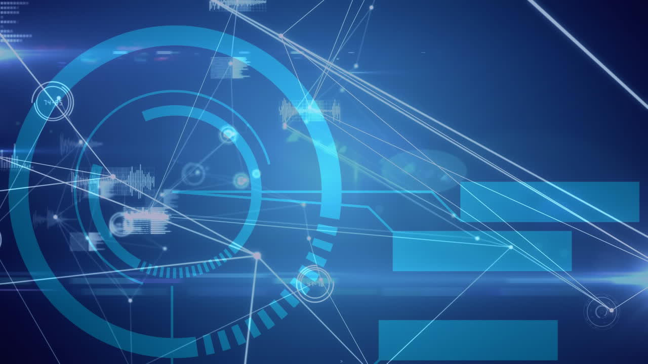 둥근 스캐너에 대한 연결 네트워크와 파란색 배경의 데이터 처리