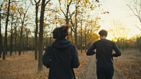 Rear-view-of-two-brunette-guys-in-black-sportswear-running-along-an-earthen-path-with-fallen-autumn-leaves-in-the-morning-at-Sunrise