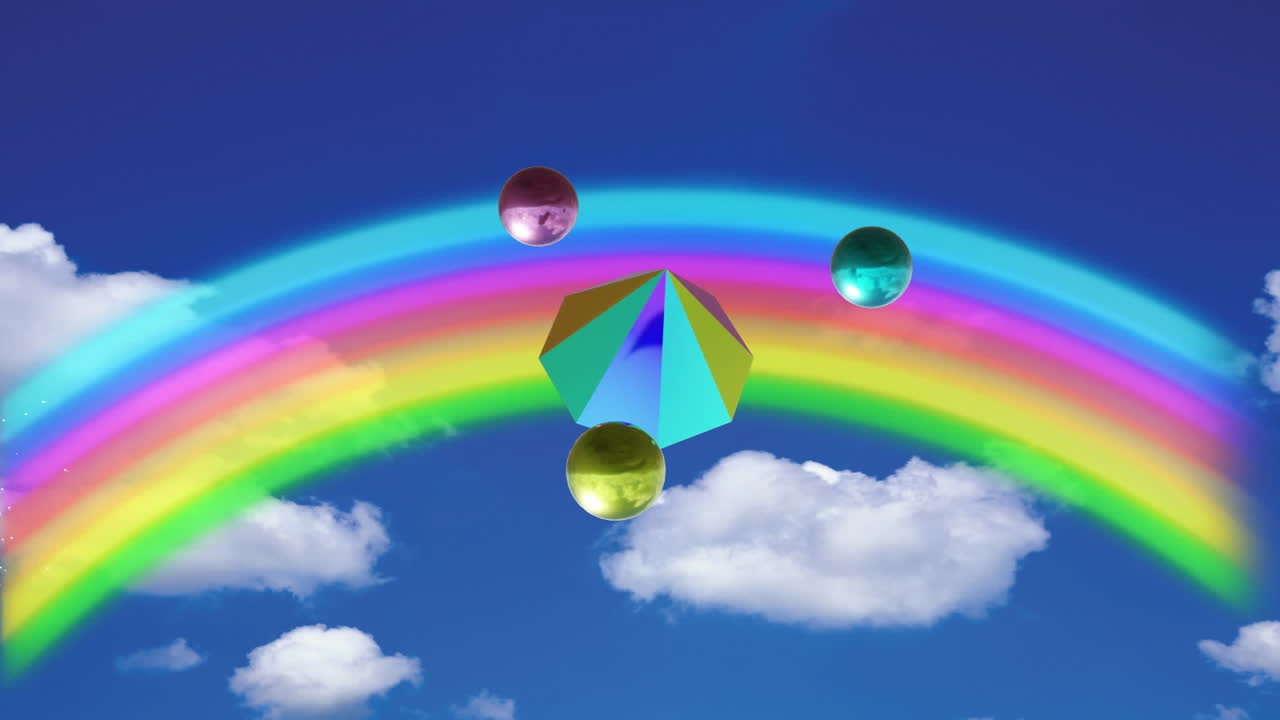animación de formas multicolores en 3d sobre arco iris en nubes y fondo del cielo