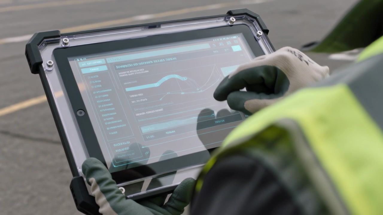 Tapping dock worker in hi-vis gloves updating dashboard on rugged tablet at port, tracking cargo