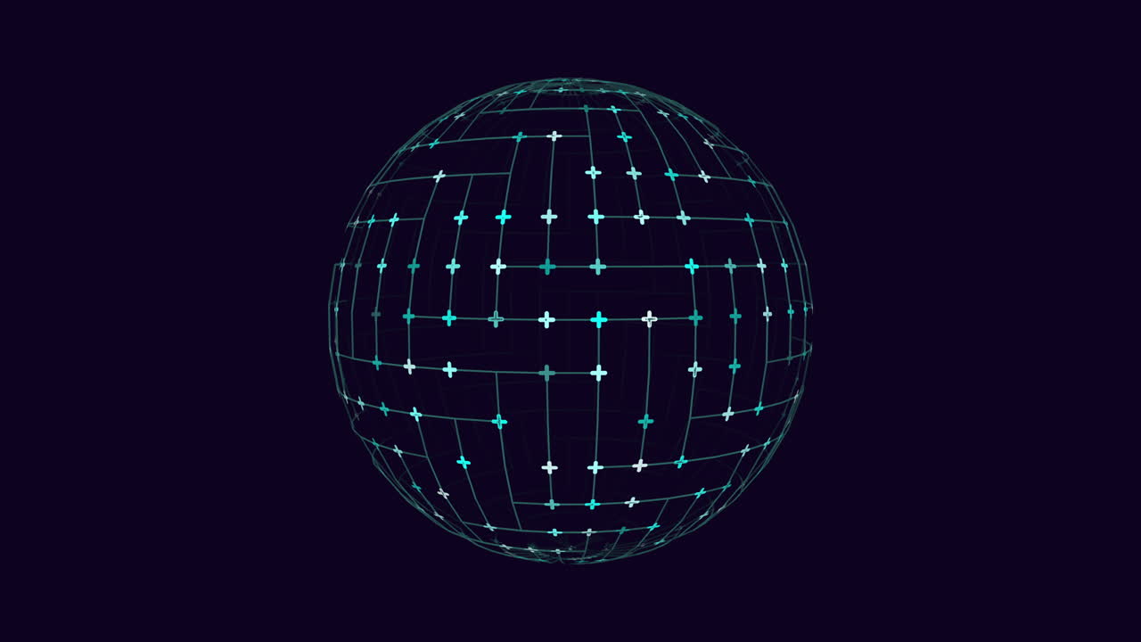 Futuristic sphere from neon lines and crosses on black gradient