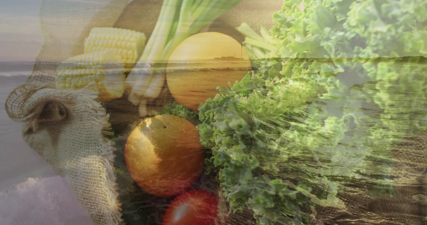 Fresh food sitting board sea overlay appearing waves rippling over board evoking coast food styling