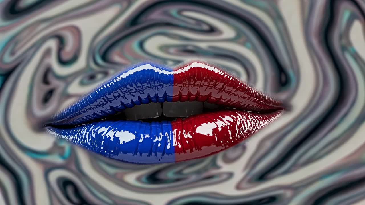 labios pintados mitad azul, mitad rojo en un fondo de remolino