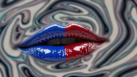 half blue, half red painted lips on a swirl background