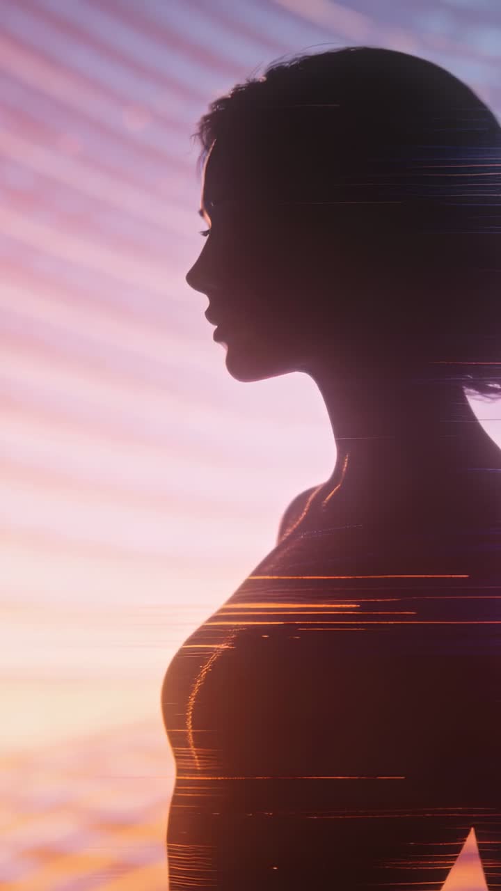 Video verticale: silhouette di donna in piedi che respira sul set, linee di scansione che salgono su un gradiente pastello.