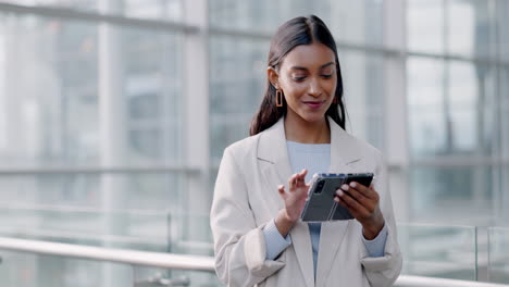 smartphone, business and indian woman in office