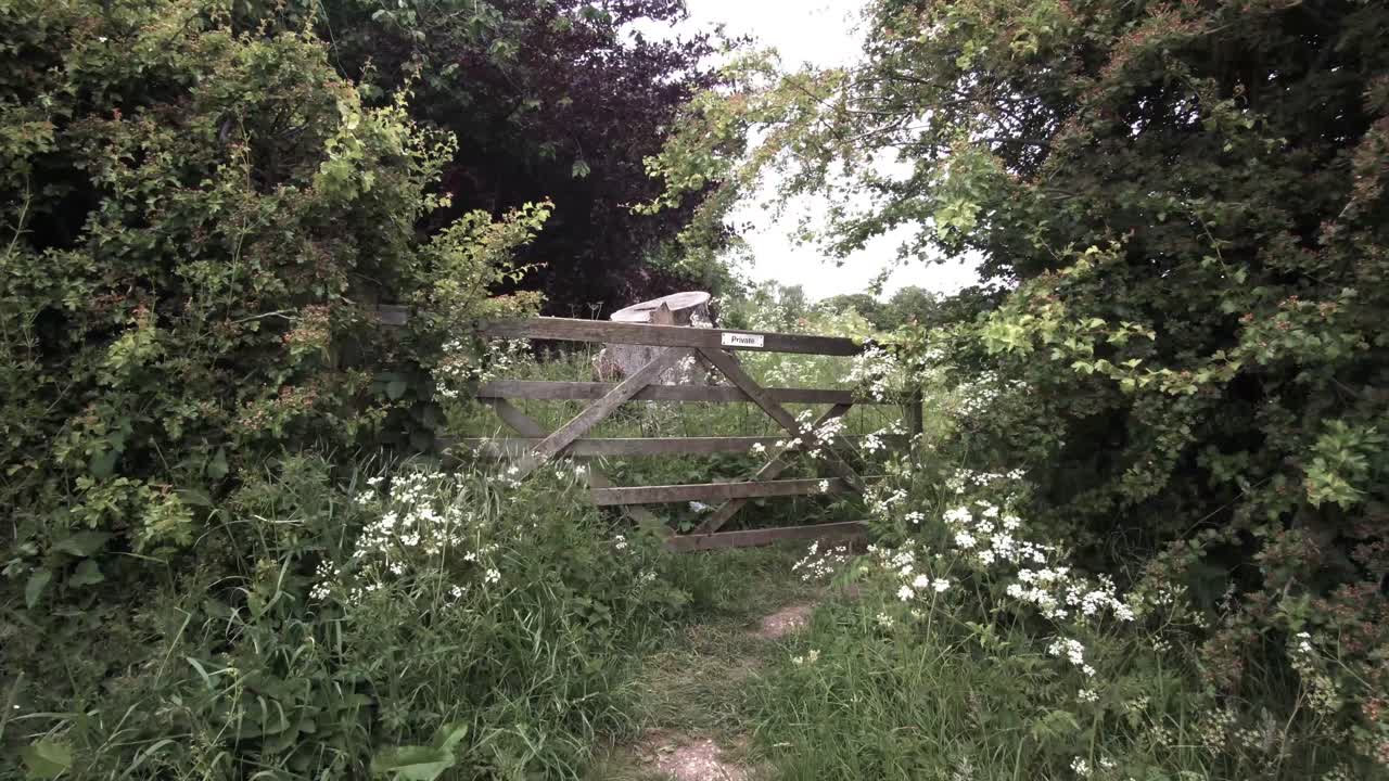 vieja puerta de madera de la granja que bloquea un camino al campo cubierto de vegetación, inglaterra rural, reino unido