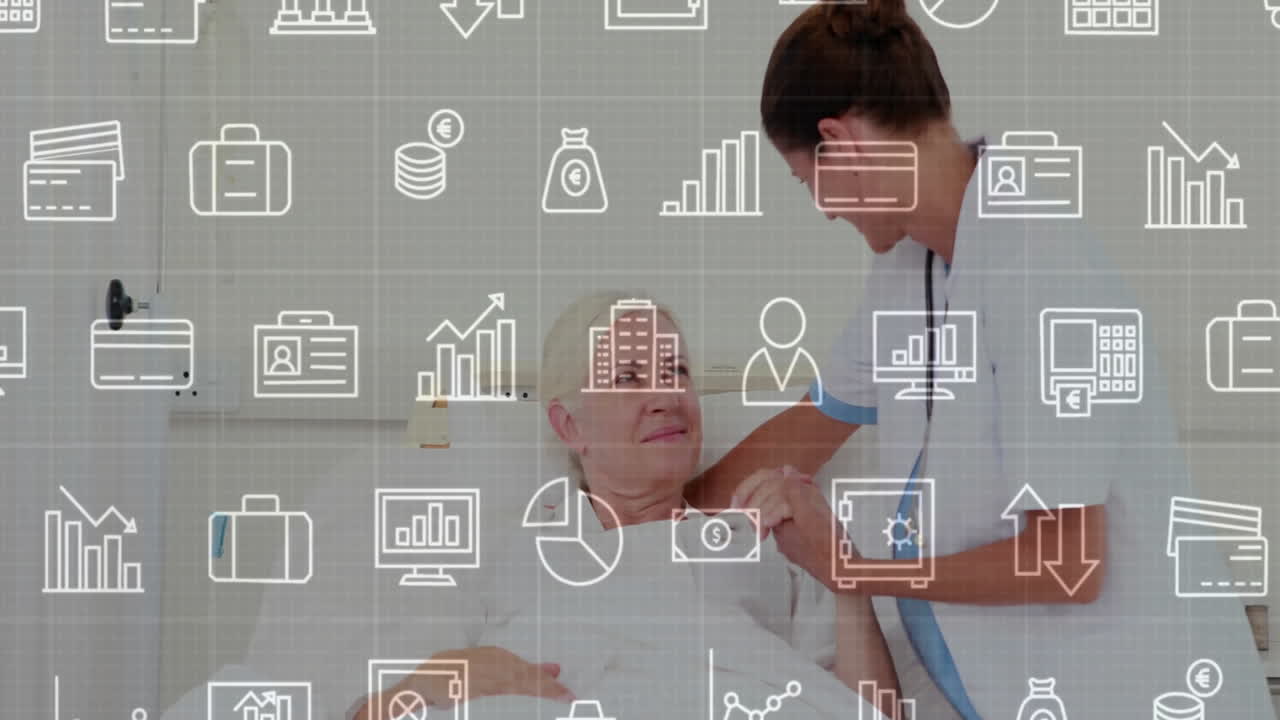 Animation of business icons over caucasian female doctor and patient in hospital