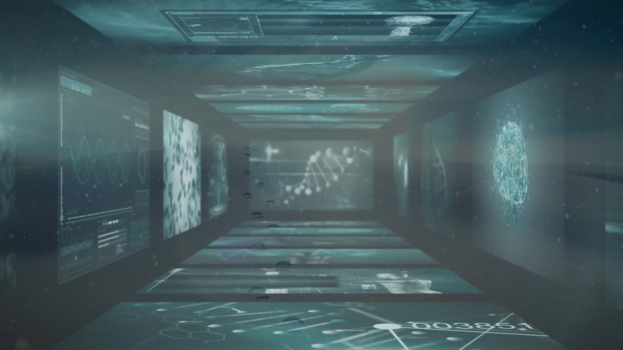 Animation of screens with medical data processing against snow falling over winter landscape