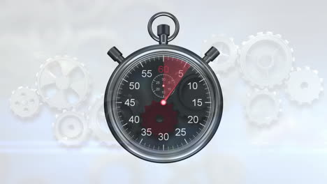 animation of stop watch ticking over cogs working in background